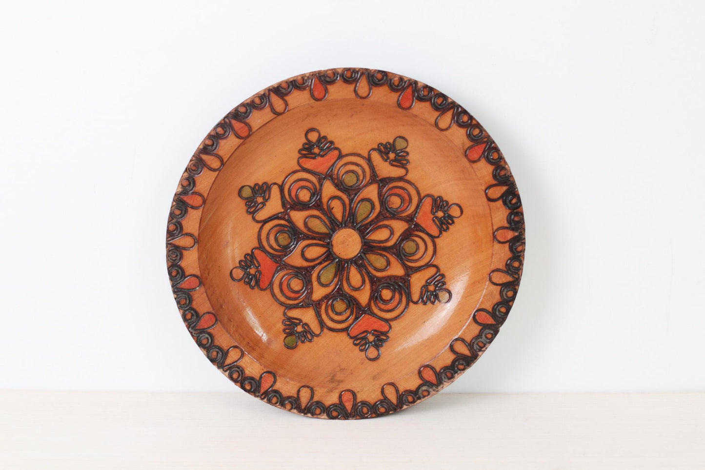 Vintage Polish Folk Art Wood Plate, Hand Carved and Painted