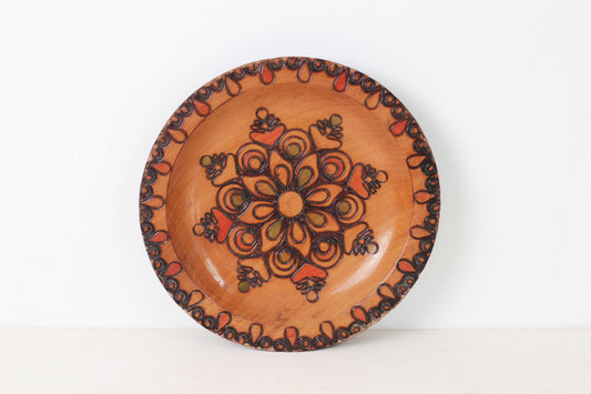 Vintage Polish Folk Art Wood Plate, Hand Carved and Painted