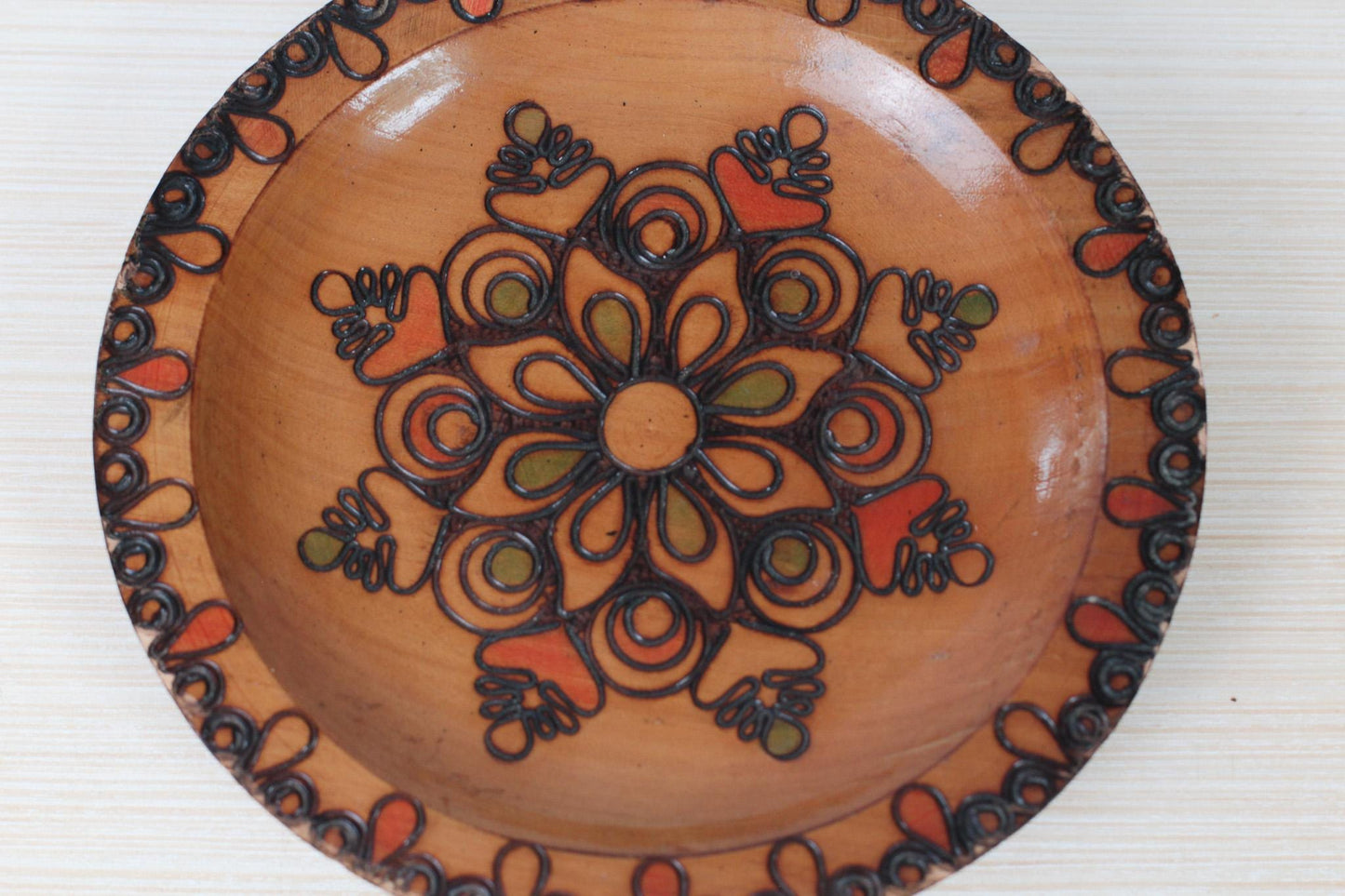 Vintage Polish Folk Art Wood Plate, Hand Carved and Painted