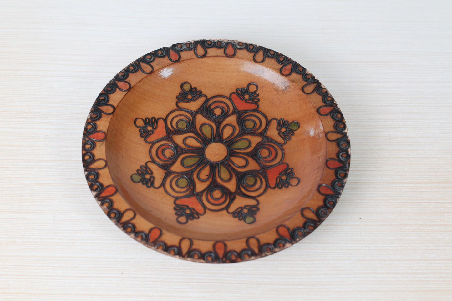 Vintage Polish Folk Art Wood Plate, Hand Carved and Painted