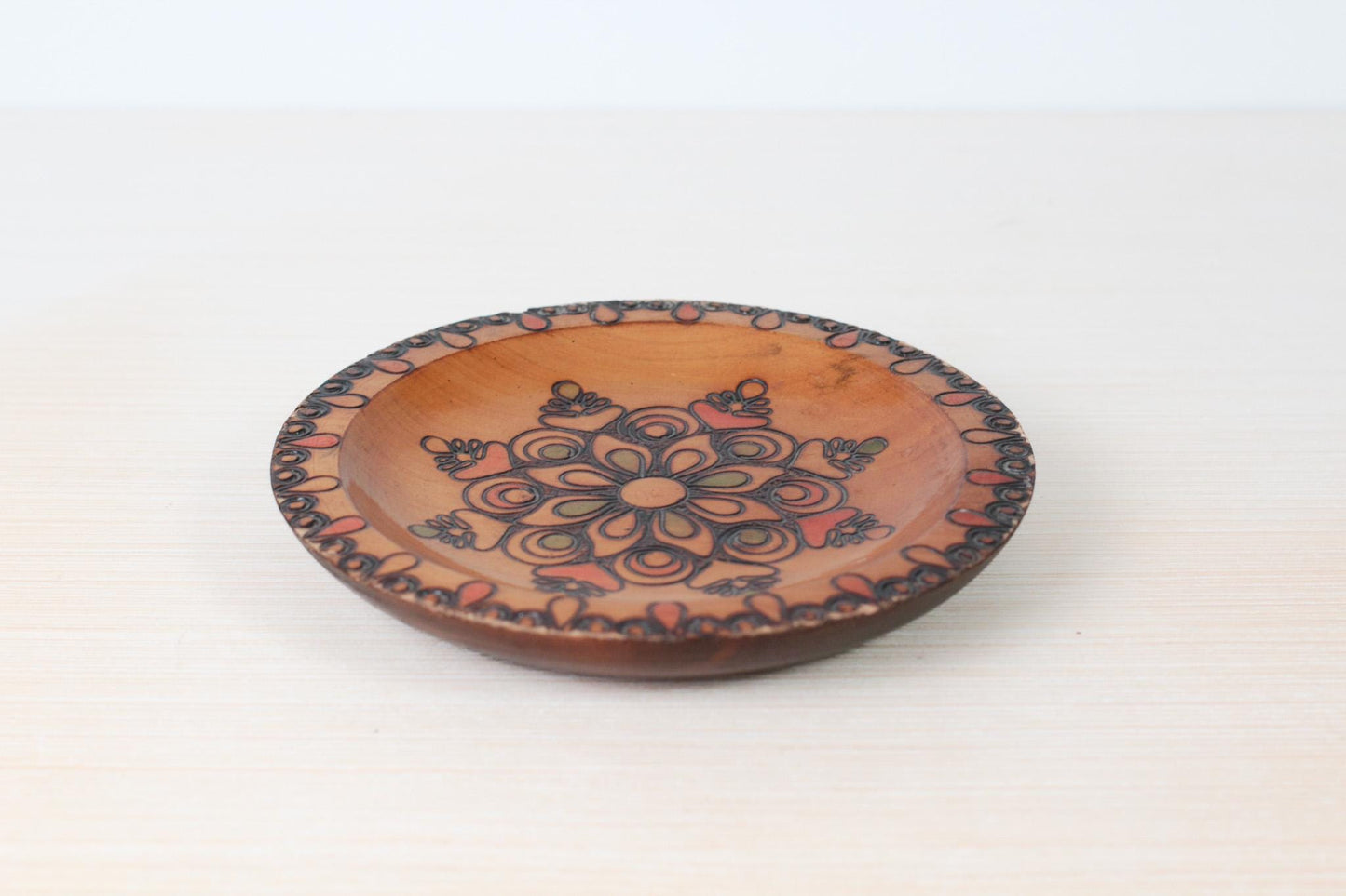 Vintage Polish Folk Art Wood Plate, Hand Carved and Painted