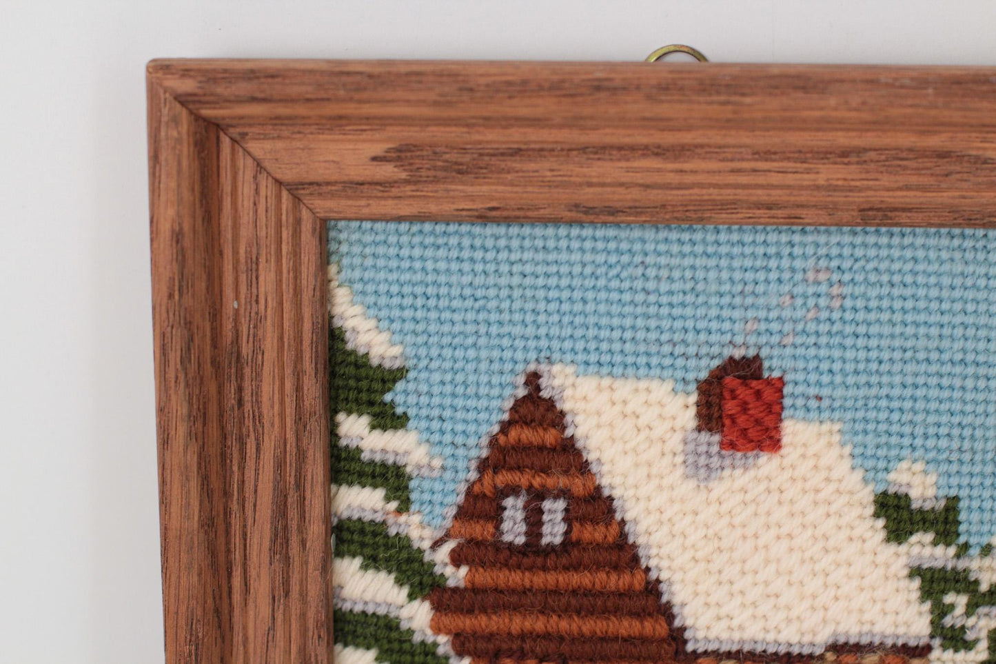 Vintage Snowy Cabin Needlepoint in Wood Frame
