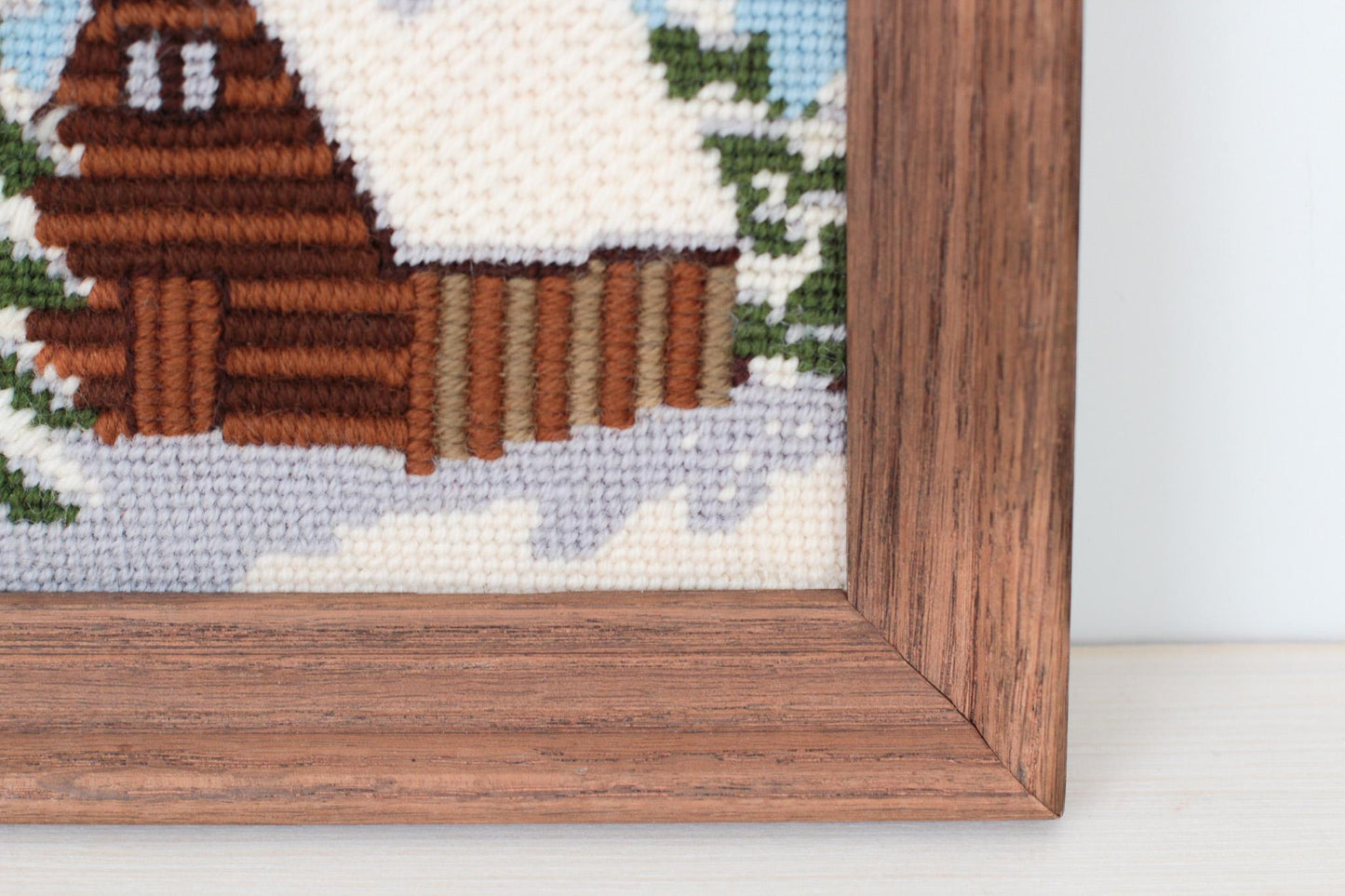 Vintage Snowy Cabin Needlepoint in Wood Frame