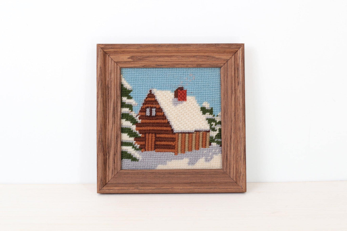 Vintage Snowy Cabin Needlepoint in Wood Frame