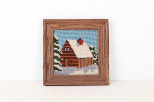 Vintage Snowy Cabin Needlepoint in Wood Frame