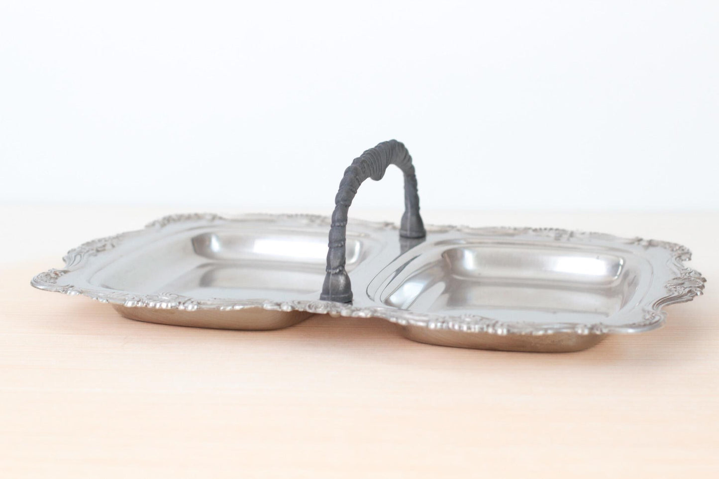 Vintage Silverplate Divided Serving Tray With Ornate Seashell Motif | Mid-Century Victorian Revival