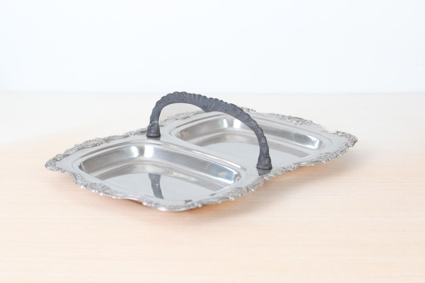 Vintage Silverplate Divided Serving Tray With Ornate Seashell Motif | Mid-Century Victorian Revival