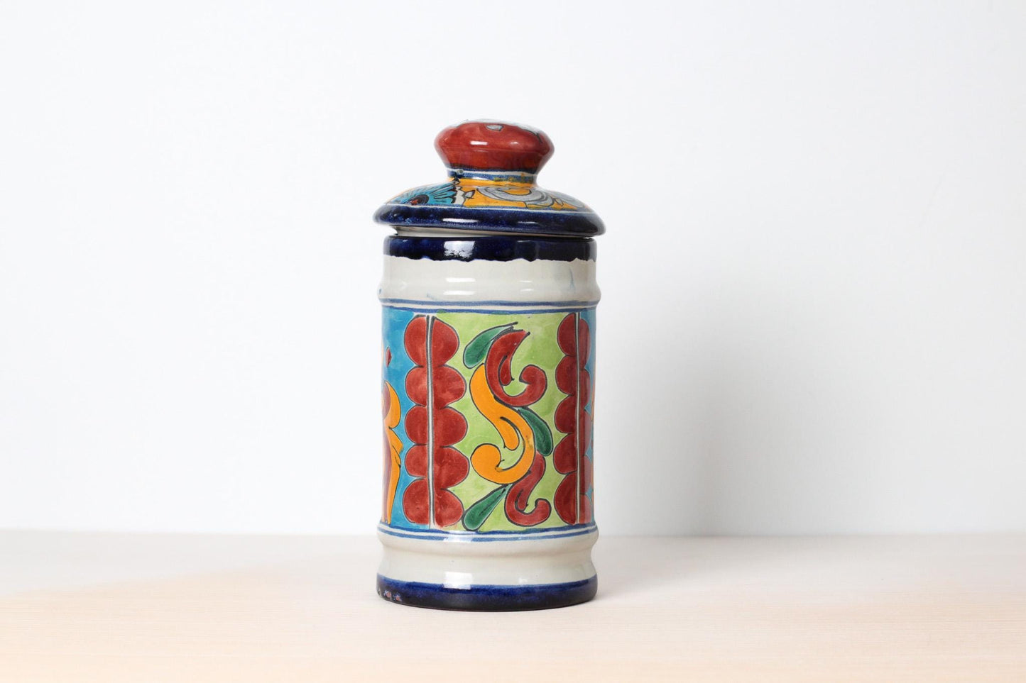 Vintage Talavera Lidded Jar with Hand-Painted Floral Scroll, Signed Mexican Pottery