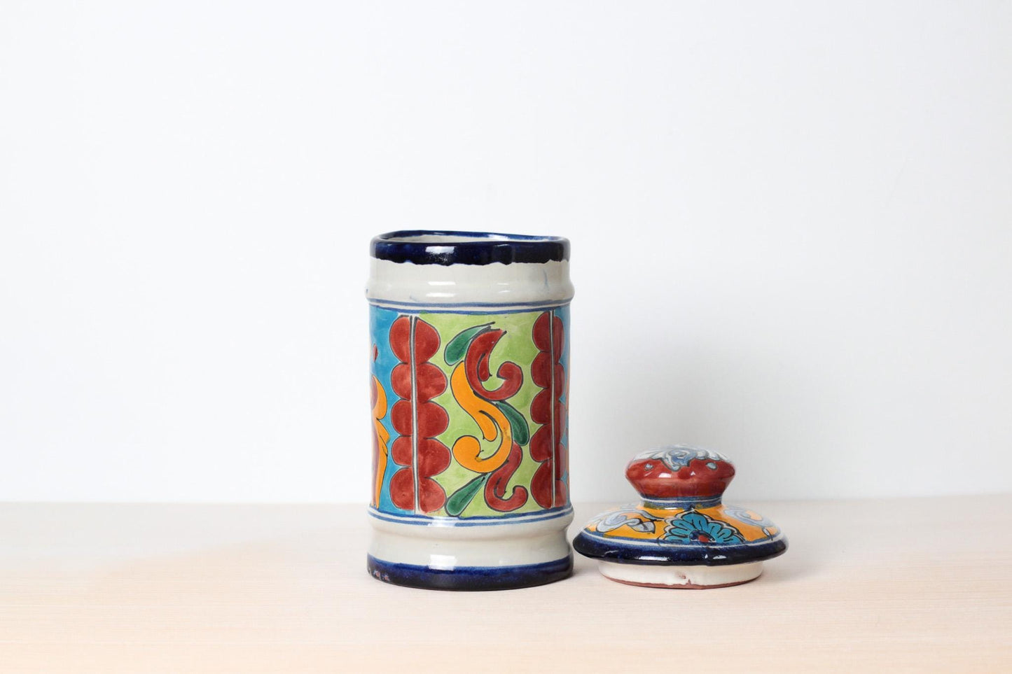 Vintage Talavera Lidded Jar with Hand-Painted Floral Scroll, Signed Mexican Pottery