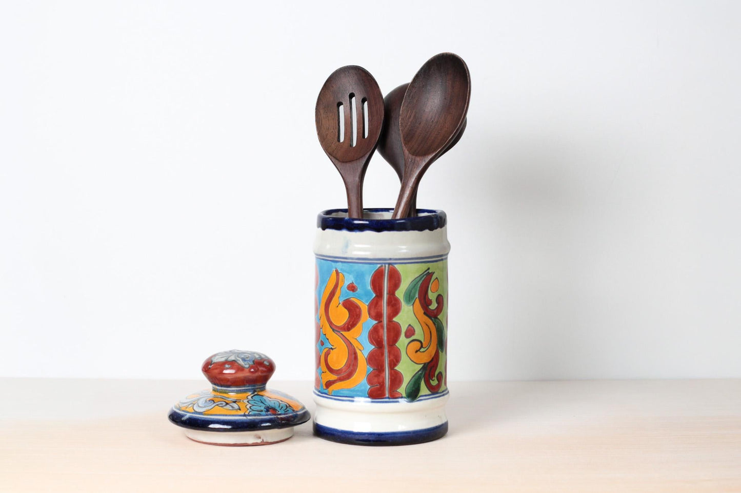 Vintage Talavera Lidded Jar with Hand-Painted Floral Scroll, Signed Mexican Pottery