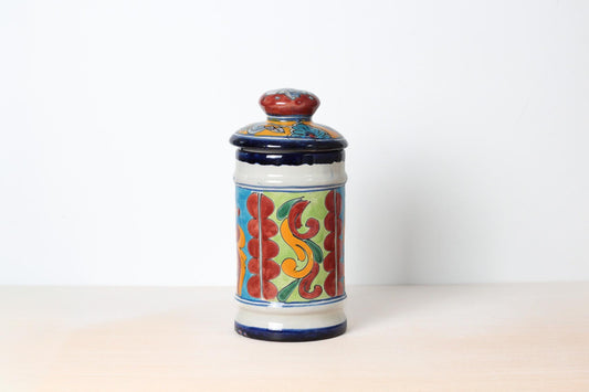 Vintage Talavera Lidded Jar with Hand-Painted Floral Scroll, Signed Mexican Pottery