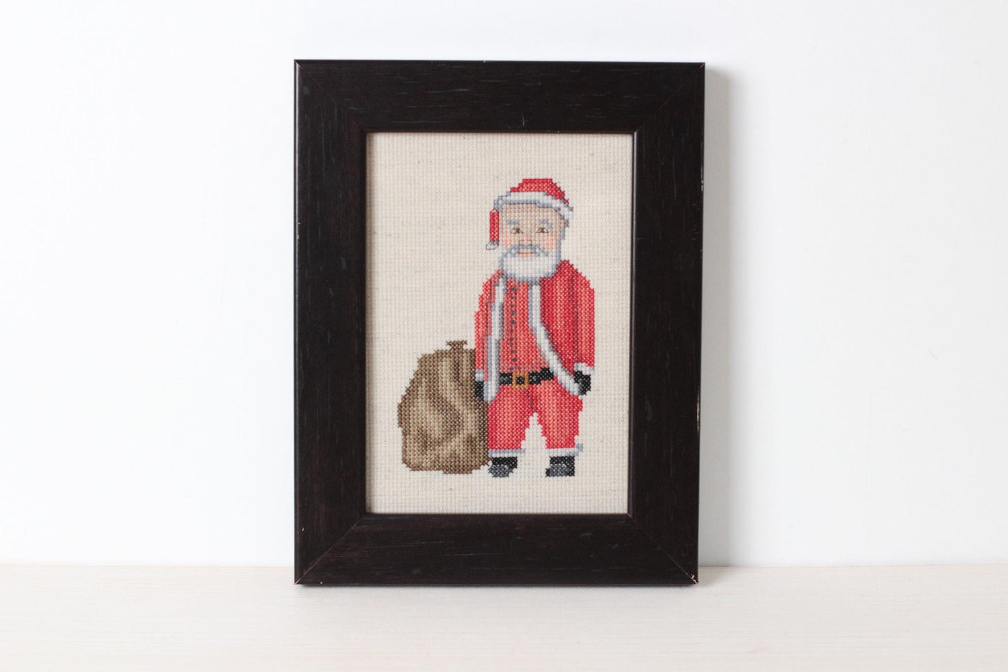 Vintage Santa Needlepoint in Black Wooden Frame, Handmade Christmas Wall Art