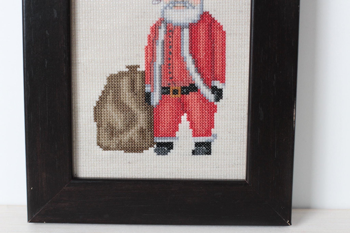 Vintage Santa Needlepoint in Black Wooden Frame, Handmade Christmas Wall Art