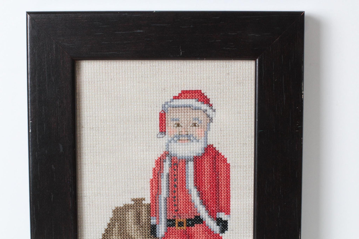 Vintage Santa Needlepoint in Black Wooden Frame, Handmade Christmas Wall Art