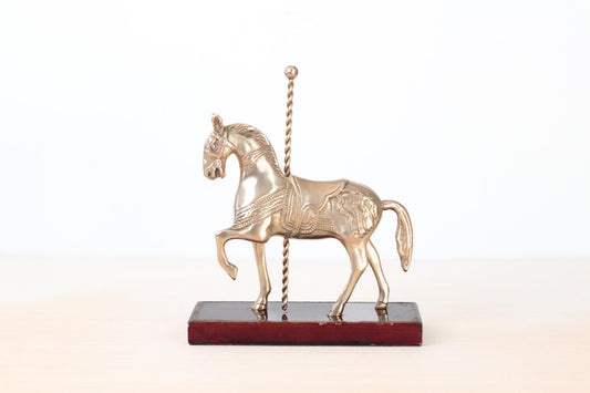 Vintage Brass Carousel Horse on Wood Base | Midcentury Home Decor