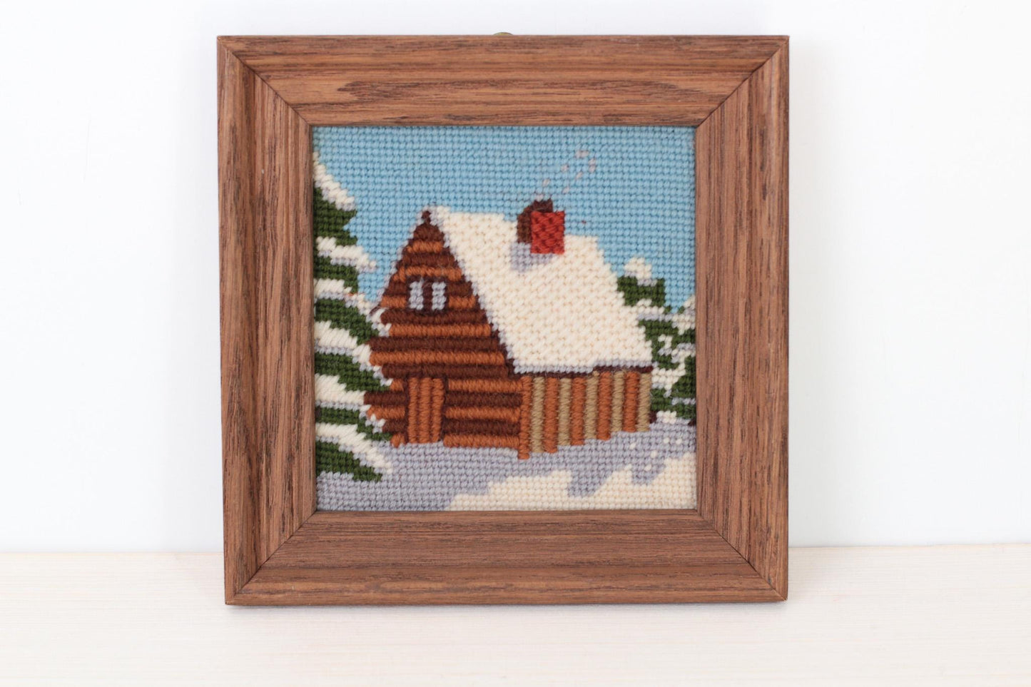Vintage Snowy Cabin Needlepoint in Wood Frame