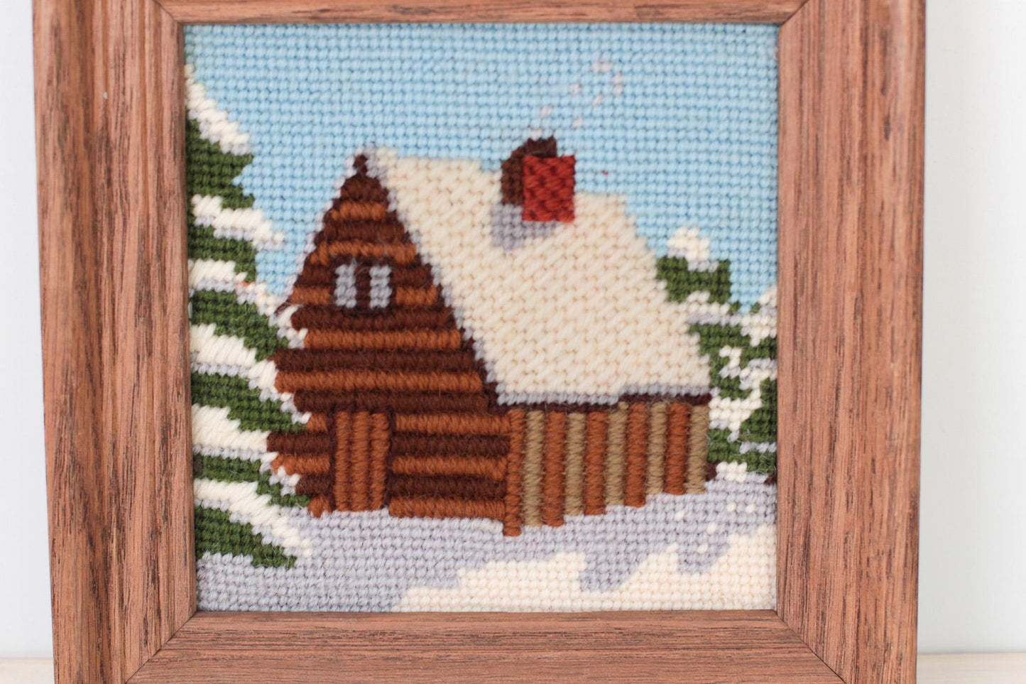 Vintage Snowy Cabin Needlepoint in Wood Frame