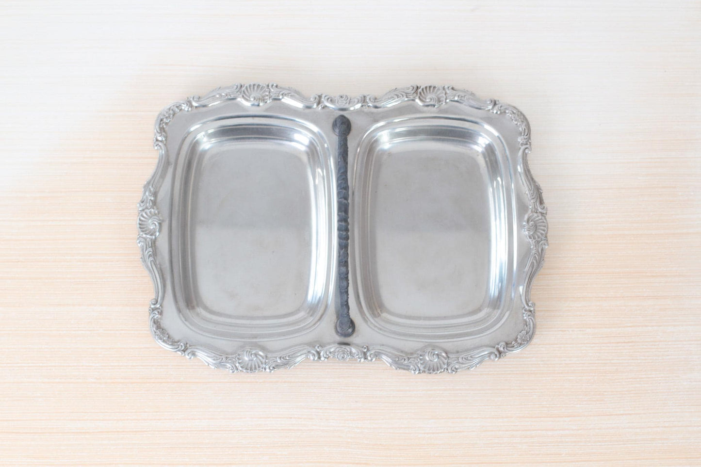 Vintage Silverplate Divided Serving Tray With Ornate Seashell Motif | Mid-Century Victorian Revival