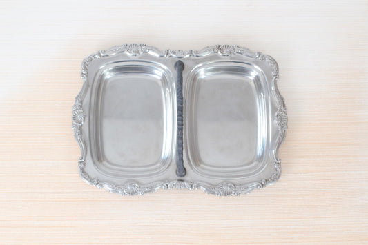 Vintage Silverplate Divided Serving Tray With Ornate Seashell Motif | Mid-Century Victorian Revival