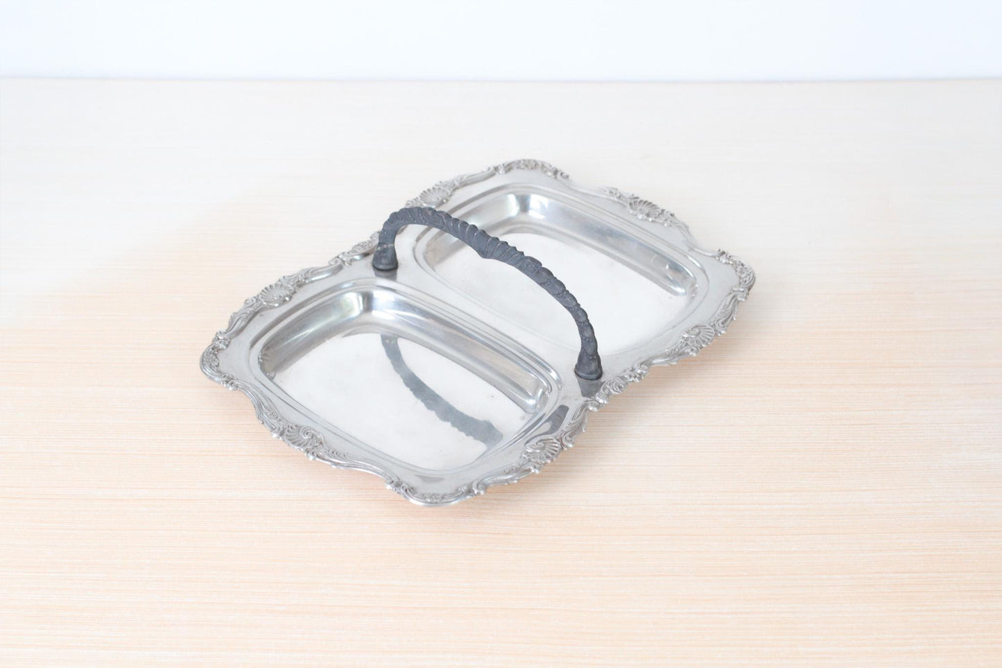 Vintage Silverplate Divided Serving Tray With Ornate Seashell Motif | Mid-Century Victorian Revival