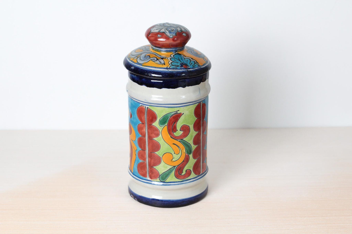 Vintage Talavera Lidded Jar with Hand-Painted Floral Scroll, Signed Mexican Pottery