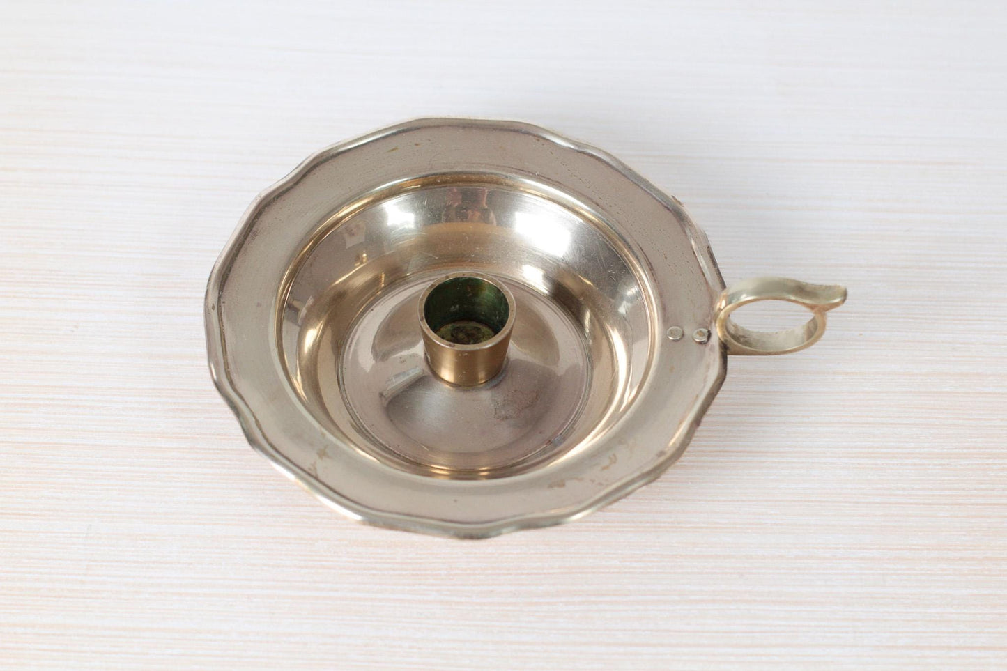 Vintage Brass Chamberstick Candle Holder with Scalloped Rim