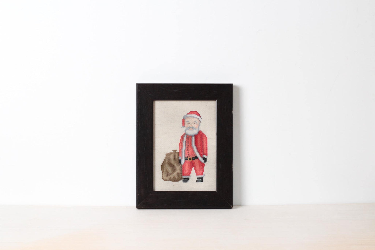 Vintage Santa Needlepoint in Black Wooden Frame, Handmade Christmas Wall Art