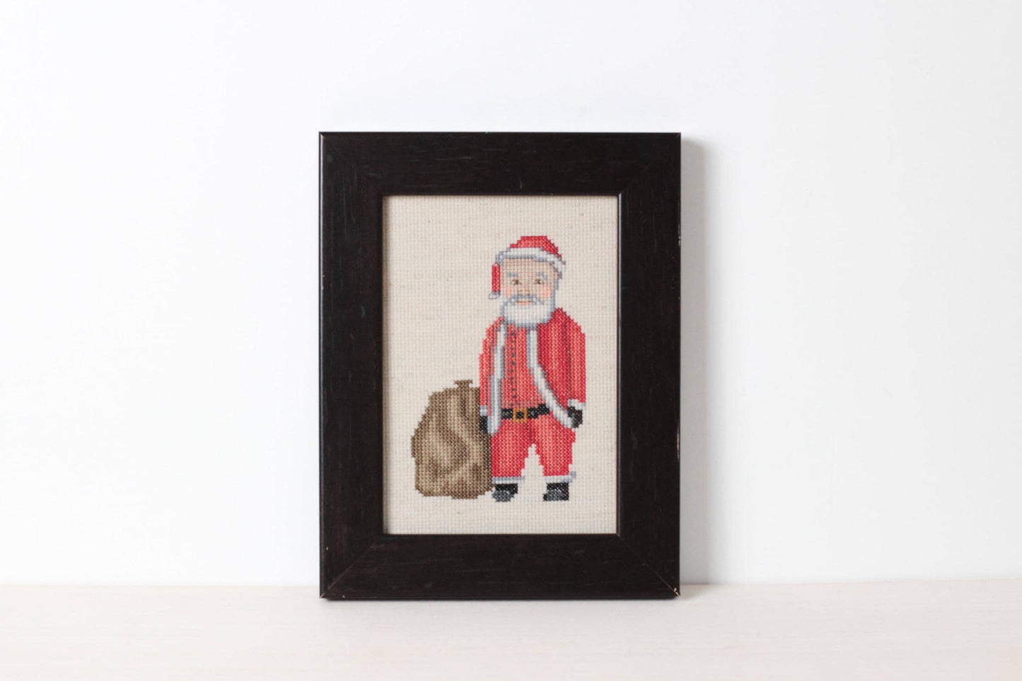 Vintage Santa Needlepoint in Black Wooden Frame, Handmade Christmas Wall Art