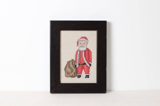 Vintage Santa Needlepoint in Black Wooden Frame, Handmade Christmas Wall Art