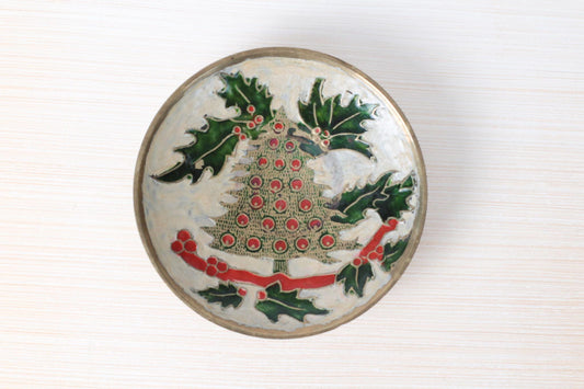 Vintage Enamel Brass Pedestal Trinket Dish | Mid-Century Christmas Decor