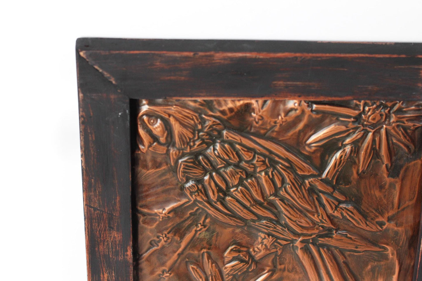 Vintage Parrot Copper Repousse Plaque in Rustic Wood Frame
