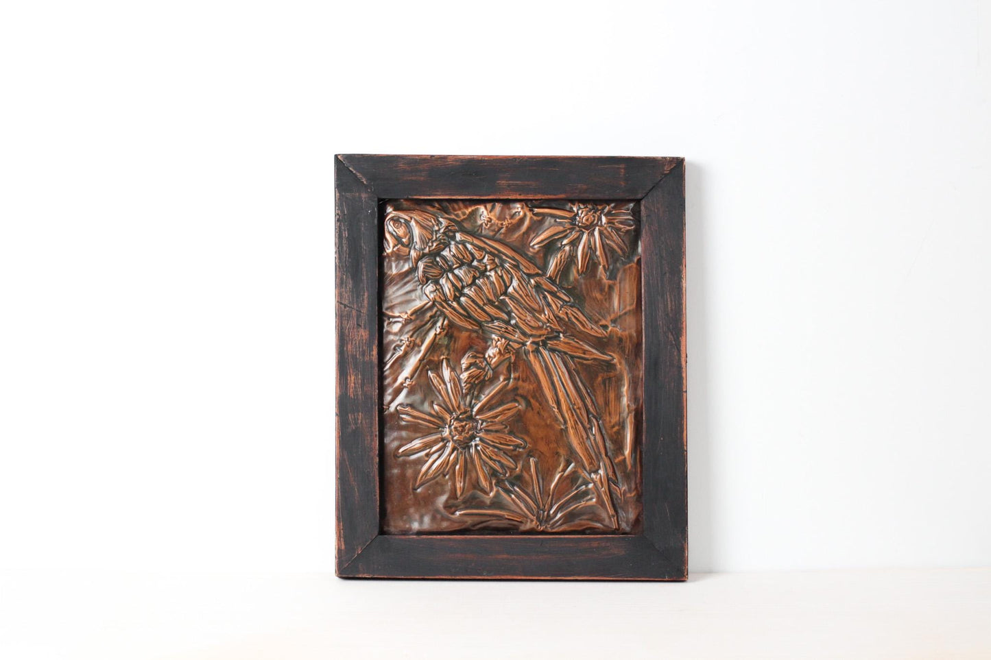 Vintage Parrot Copper Repousse Plaque in Rustic Wood Frame