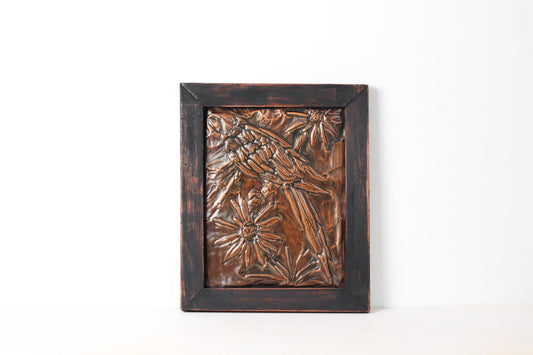 Vintage Parrot Copper Repousse Plaque in Rustic Wood Frame