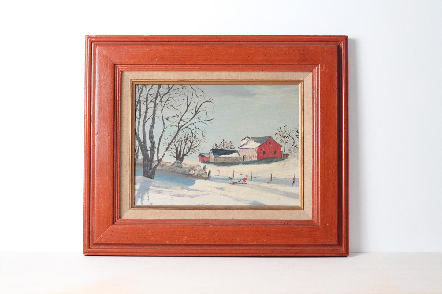 Vintage Winter Barn Oil Painting on Board in Wood Frame