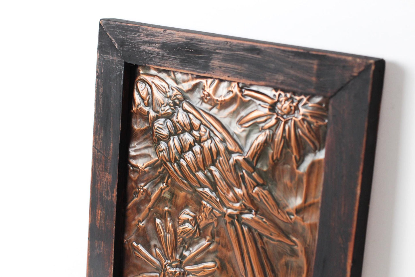 Vintage Parrot Copper Repousse Plaque in Rustic Wood Frame