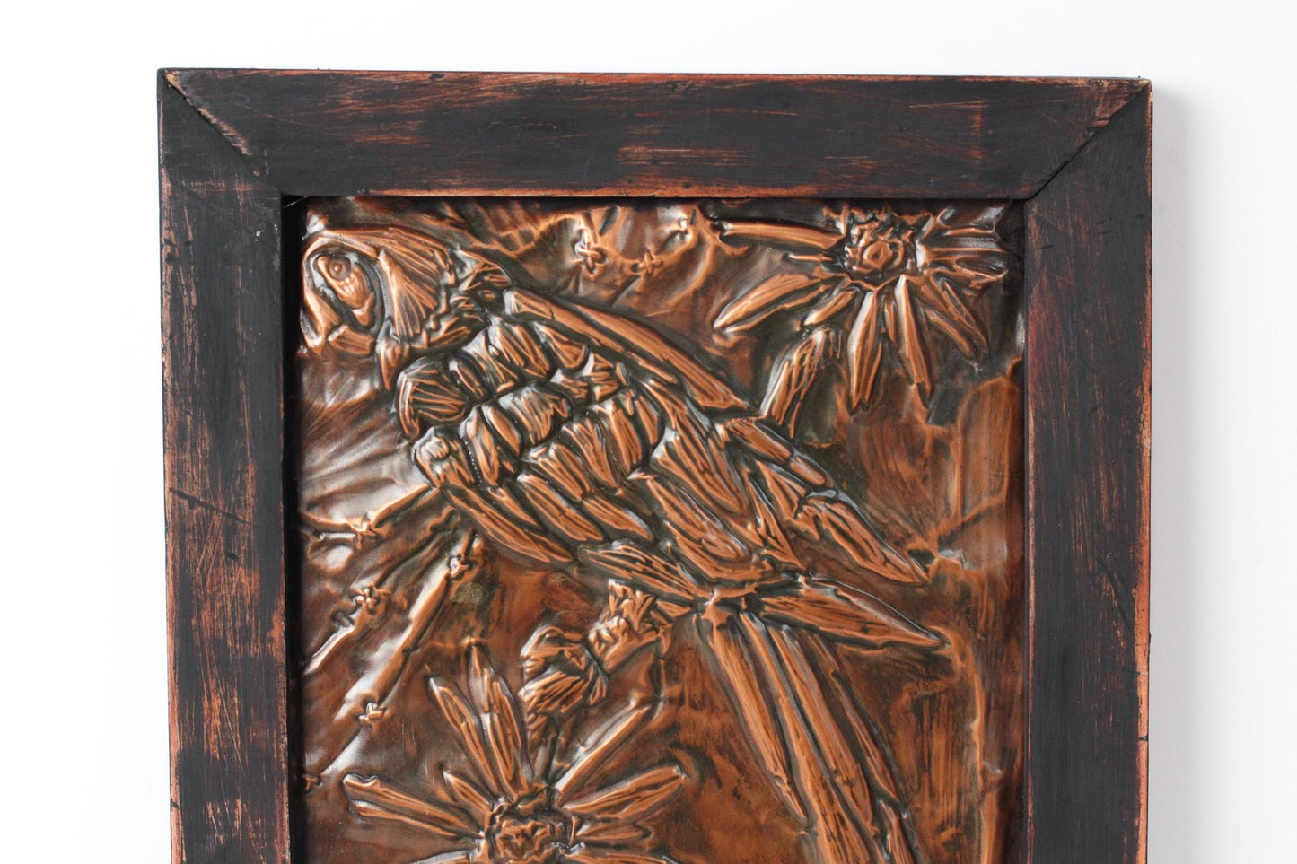 Vintage Parrot Copper Repousse Plaque in Rustic Wood Frame