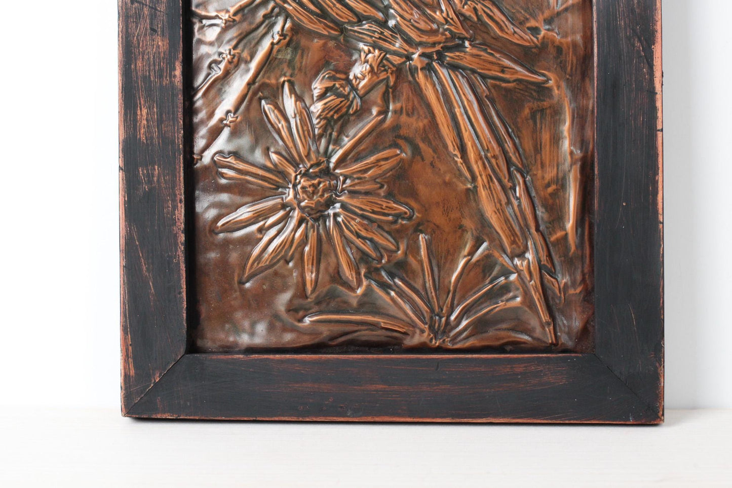 Vintage Parrot Copper Repousse Plaque in Rustic Wood Frame