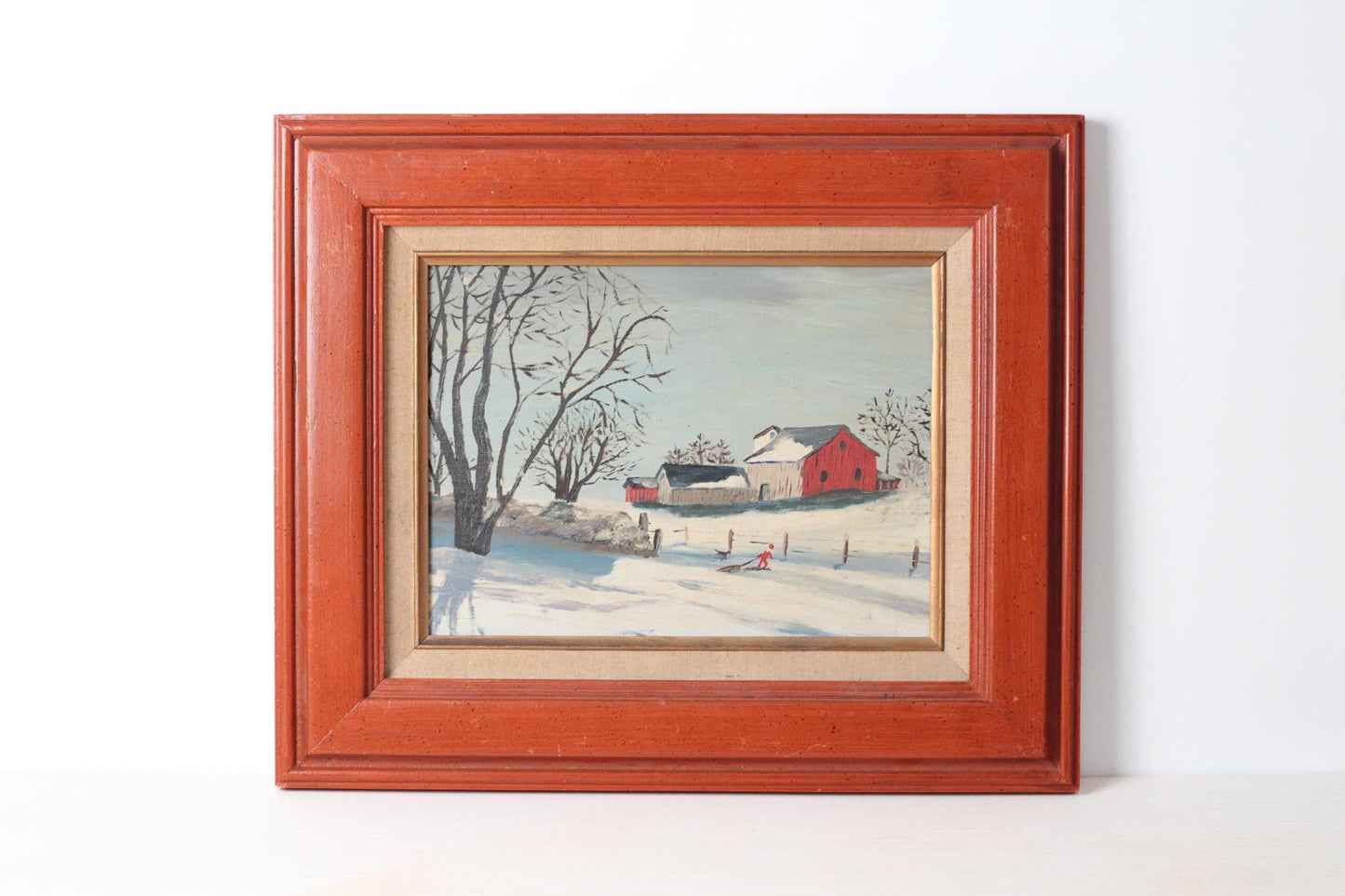 Vintage Winter Barn Oil Painting on Board in Wood Frame