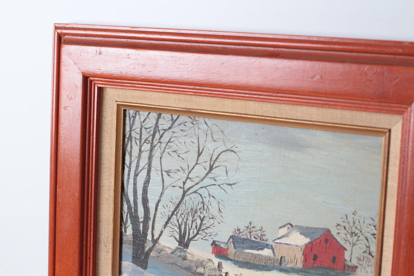 Vintage Winter Barn Oil Painting on Board in Wood Frame