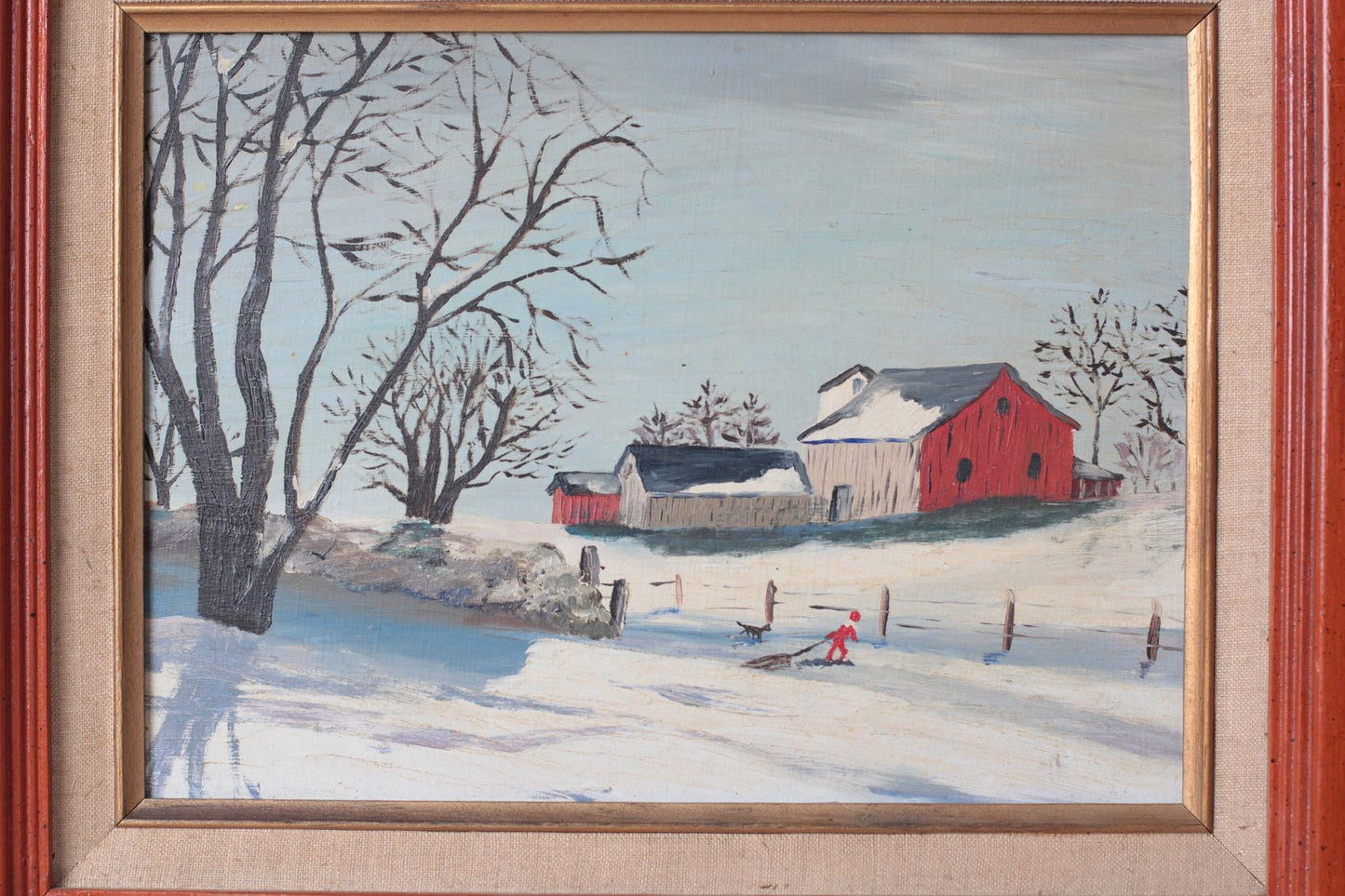 Vintage Winter Barn Oil Painting on Board in Wood Frame