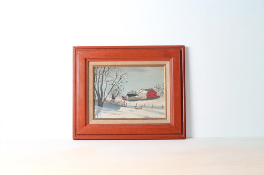 Vintage Winter Barn Oil Painting on Board in Wood Frame