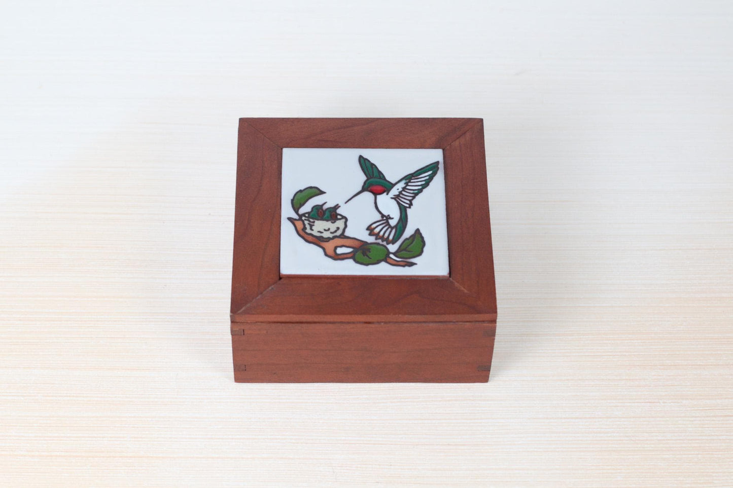 Vintage Wooden Box with Hummingbird Ceramic Tile Lid | Mid-Century Folk Art