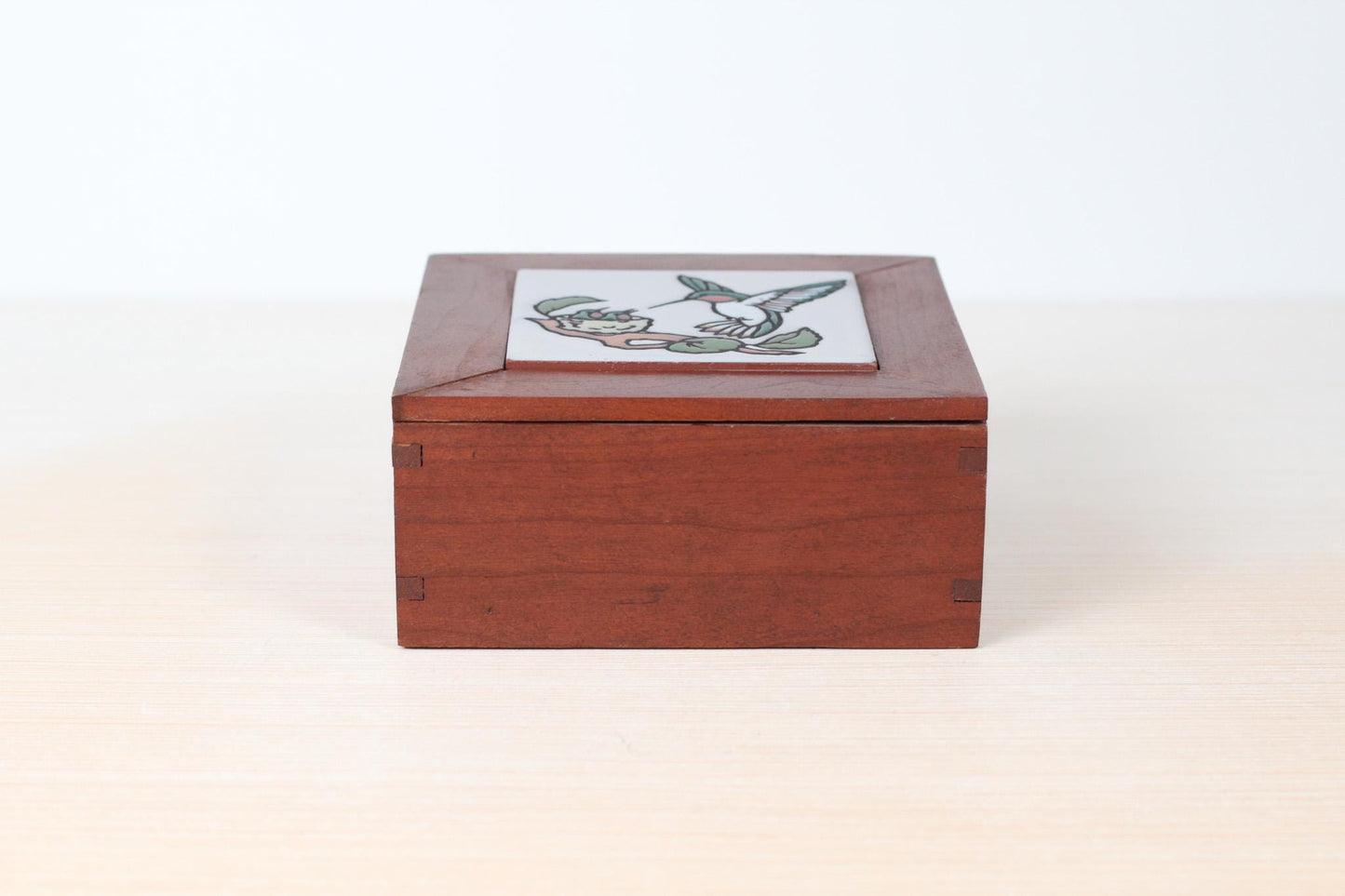 Vintage Wooden Box with Hummingbird Ceramic Tile Lid | Mid-Century Folk Art