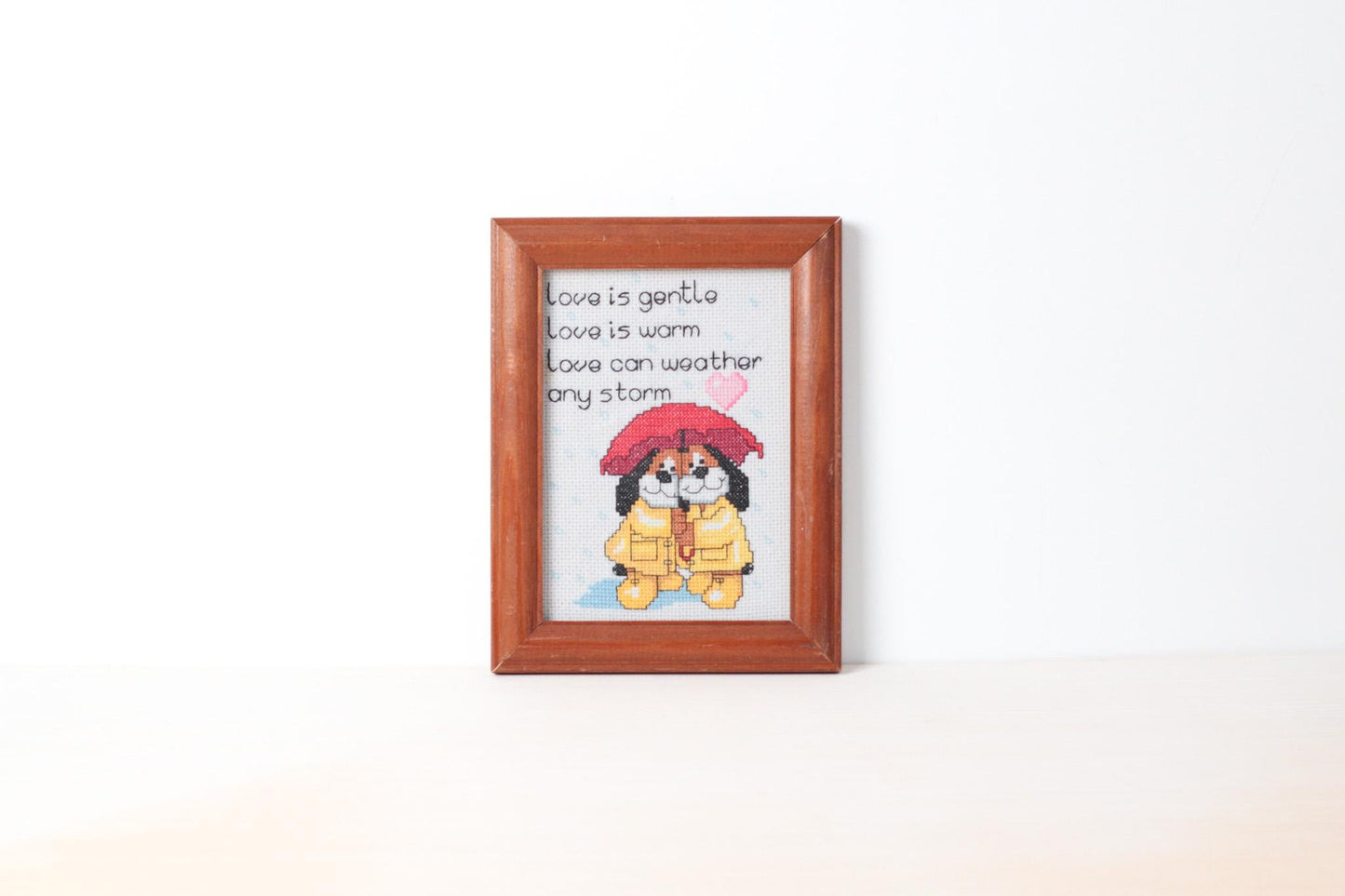 Vintage Framed Cross Stitch “Love Is Gentle” with Dogs Under Umbrella Heart