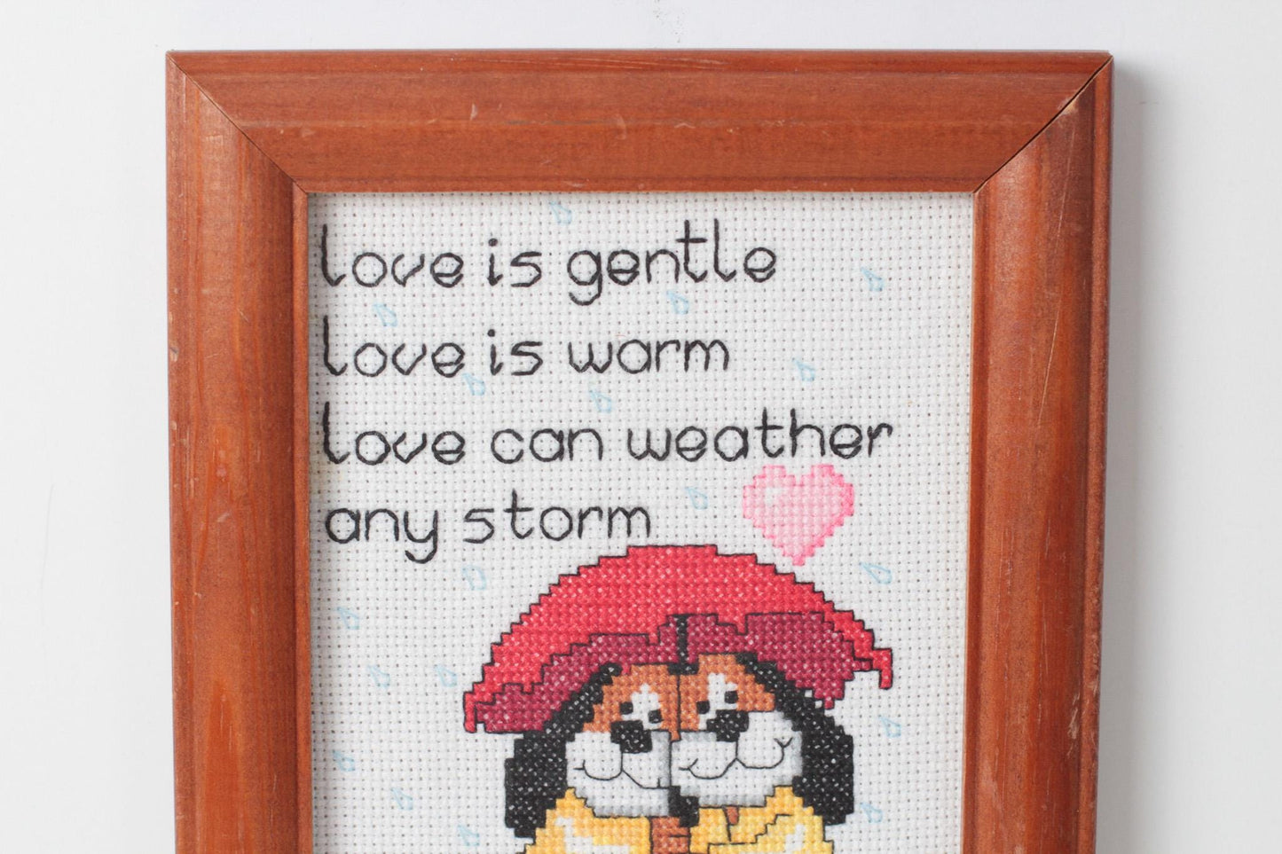 Vintage Framed Cross Stitch “Love Is Gentle” with Dogs Under Umbrella Heart