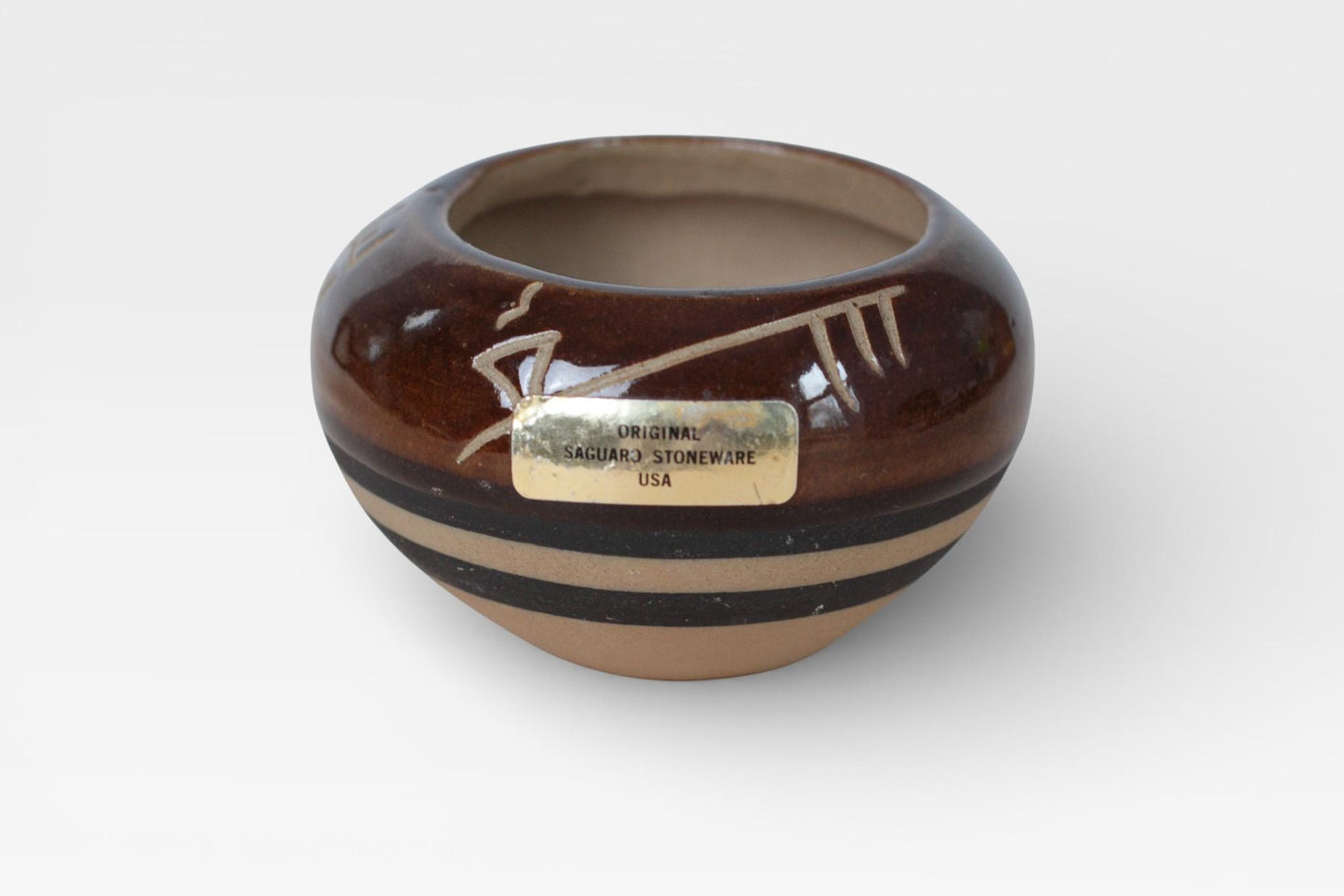 Vintage Handmade Saguaro Stoneware Bowl with Bird Motif | Southwestern Folk Art