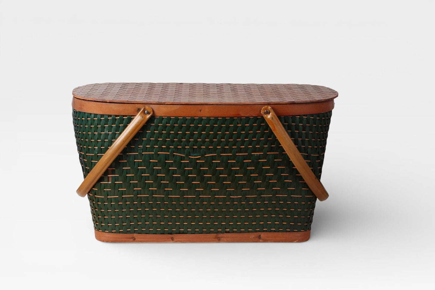 Vintage Green Woven Picnic Basket with Wood Lid & Metal Handles