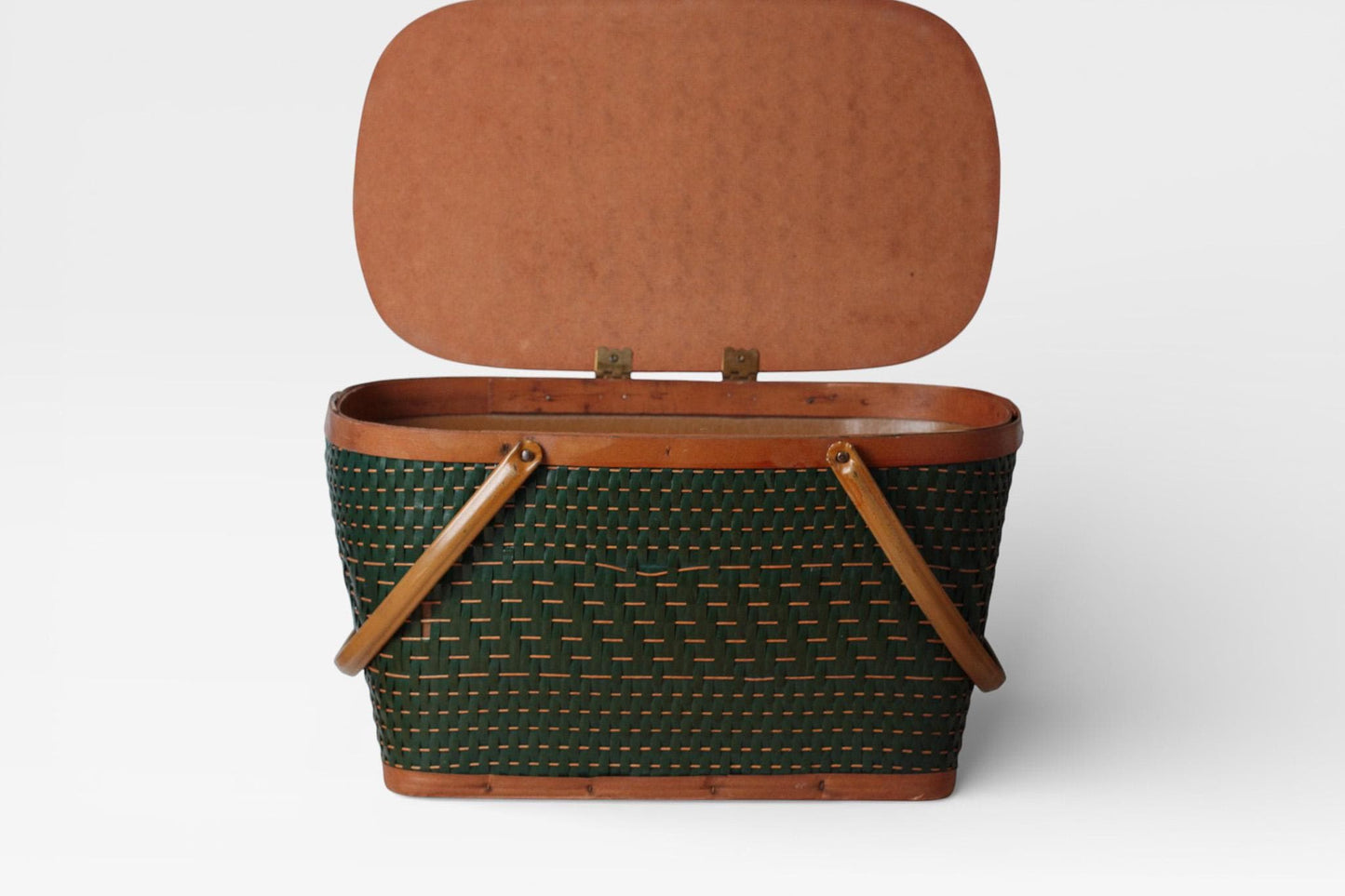 Vintage Green Woven Picnic Basket with Wood Lid & Metal Handles