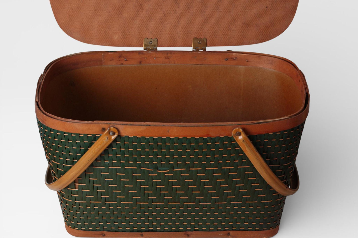 Vintage Green Woven Picnic Basket with Wood Lid & Metal Handles