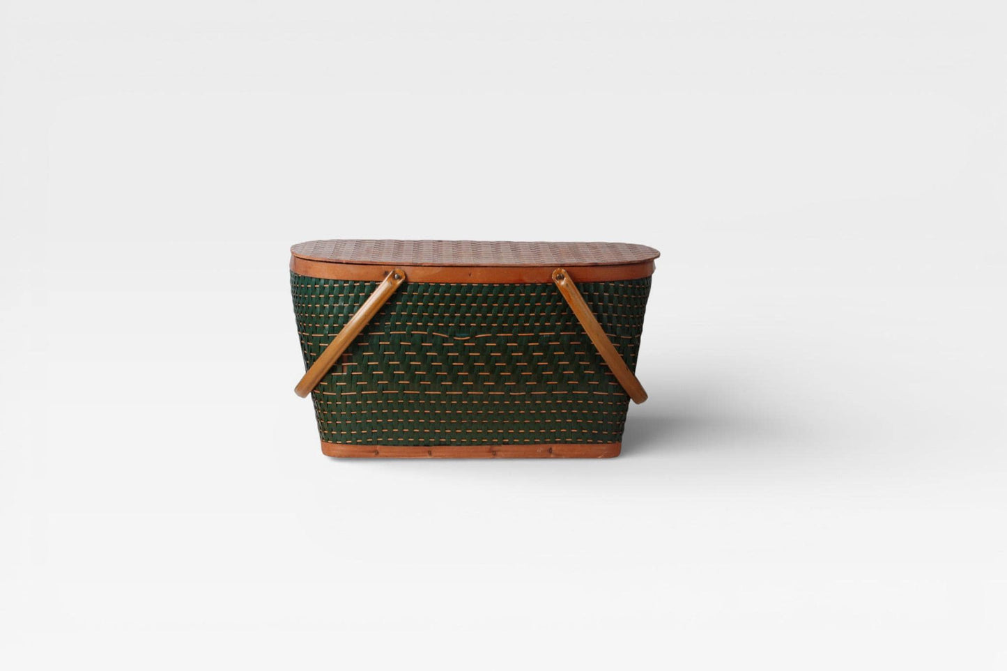 Vintage Green Woven Picnic Basket with Wood Lid & Metal Handles